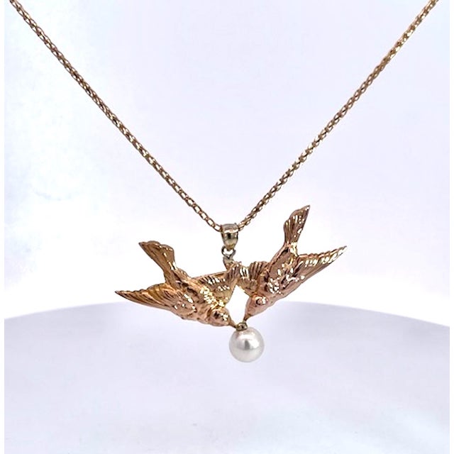 1950s Double Bird Brooch Pendant W/Pearl 14k For Sale In Los Angeles - Image 6 of 9