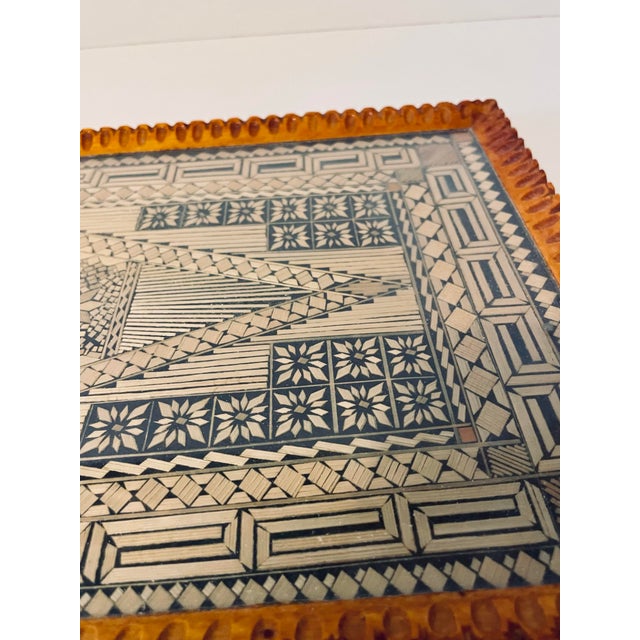 Folk Art Mid 20th Century Greek Folk Art Straw Marquetry Protected Glass Serving Tray For Sale - Image 3 of 7