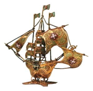Caravel in Gilded Silver Filigree with Portuguese Coat of Arms