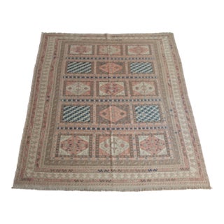 1990s Vintage Handwoven Embroidered Kilim With Geometric Panels - 6' 5'' X 9' 3'' For Sale