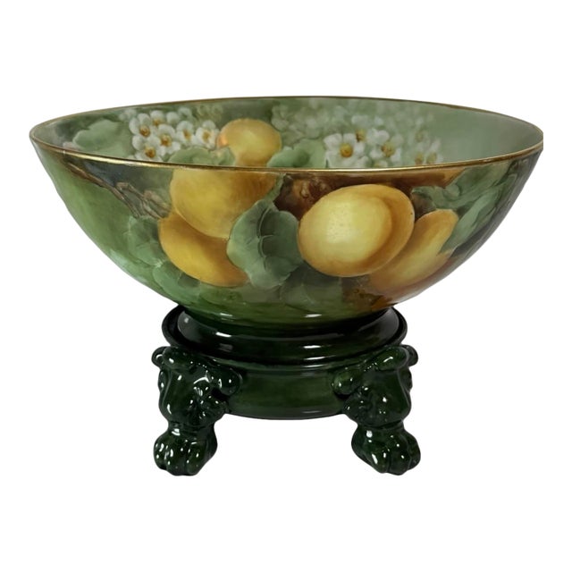 Rare Jean Pouyat Limoges Hand-Painted Punch Bowl on Original Ceramic Stand (1890-1932) For Sale