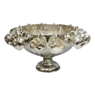 Vintage Modern Regency Style Silver Plated Pedestal Punch Bowl W 12 Hanging Cups For Sale