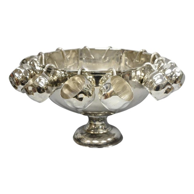 Vintage Modern Regency Style Silver Plated Pedestal Punch Bowl W 12 Hanging Cups For Sale