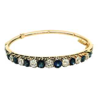 Estate 6.00 Carat Diamond & Sapphire Hinged Bangle Bracelet For Sale