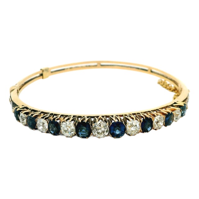 Estate 6.00 Carat Diamond & Sapphire Hinged Bangle Bracelet For Sale