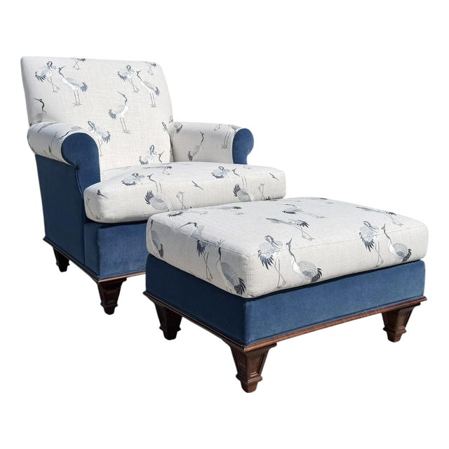 Hickory Chair Blue Velvet and Embroidered Crane Upholstered Armchair With Ottoman For Sale