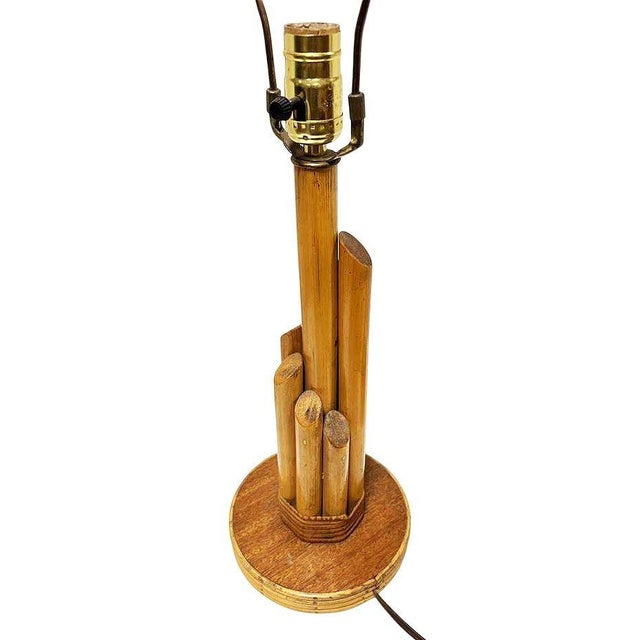 1950s 1950s Mid Century Modern Sculptural Mahogany & Wicker Wrapped Rattan Graduated 7-Pole Table Lamps, Pair For Sale - Image 5 of 7