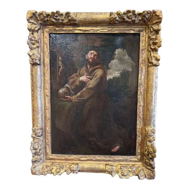 18th Century French Painting on Canvas in Gilt Frame "Saint Francois en Extase" For Sale