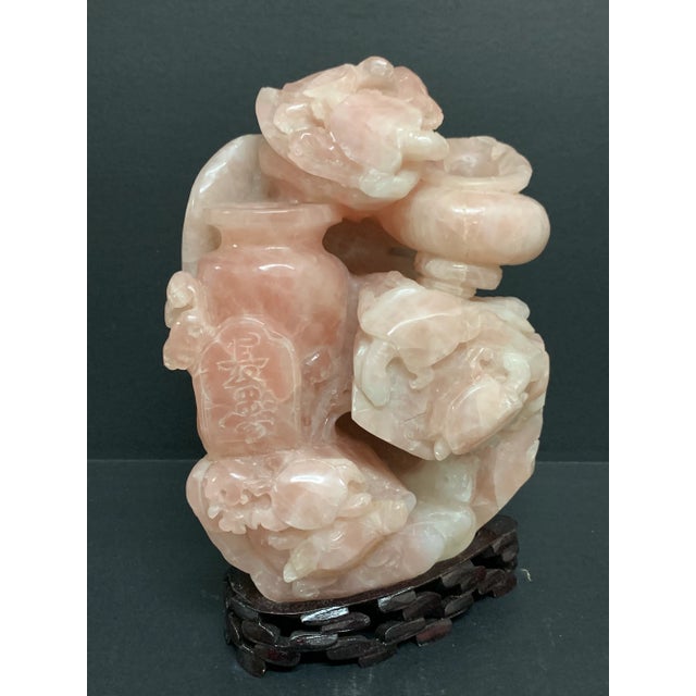 Chinese Late 20th Century Chinese Art Large Carved Solid Rose Quartz Stone With Wooden Stand For Sale - Image 3 of 13