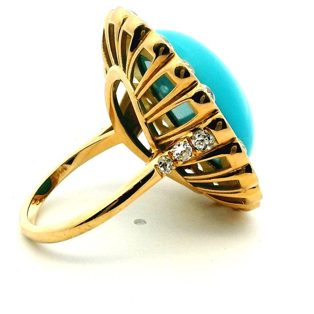 Traditional Antique 18k Gold Turquoise & Diamond Halo Ring, Size 6.75 For Sale - Image 3 of 10