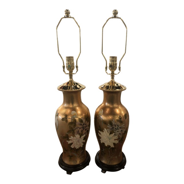 Vintage Chinoiserie Gold Leaf Brass Floral Birds Table Lamps -A Pair For Sale