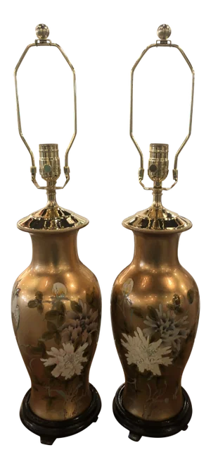 Vintage Chinoiserie Gold Leaf Brass Floral Birds Table Lamps -A Pair