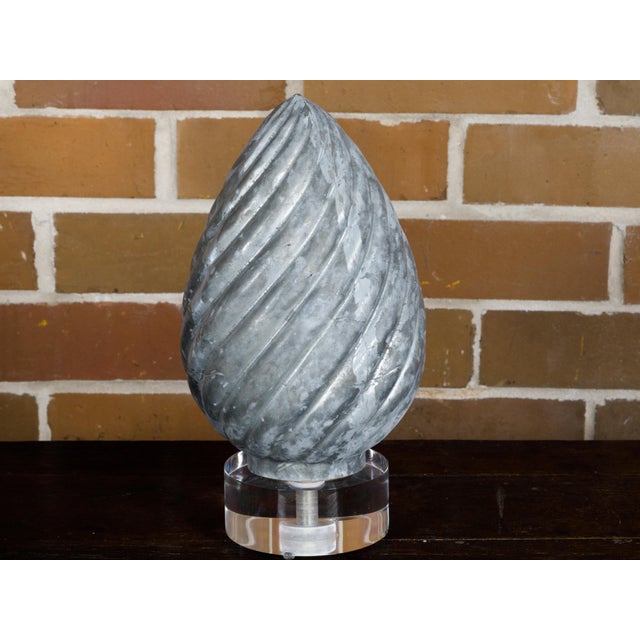 Gray French 1920s Zinc Pinecone Shaped Decorative Element on Circular Lucite Base For Sale - Image 8 of 10