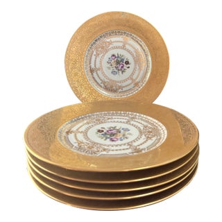 1920s Czechoslovakian Six Gold Encrusted Porcelain Plates | Antique Dinner Plates I Bohemian I Housewarming I Art Deco I Gold Gilded Border For Sale