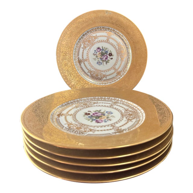 1920s Czechoslovakian Six Gold Encrusted Porcelain Plates | Antique Dinner Plates I Bohemian I Housewarming I Art Deco I Gold Gilded Border For Sale