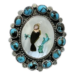 1970s Vintage Southwestern Dine Navajo Ben Touchine Sterling & Turquoise Cocktail Ring - Size 8.5 For Sale