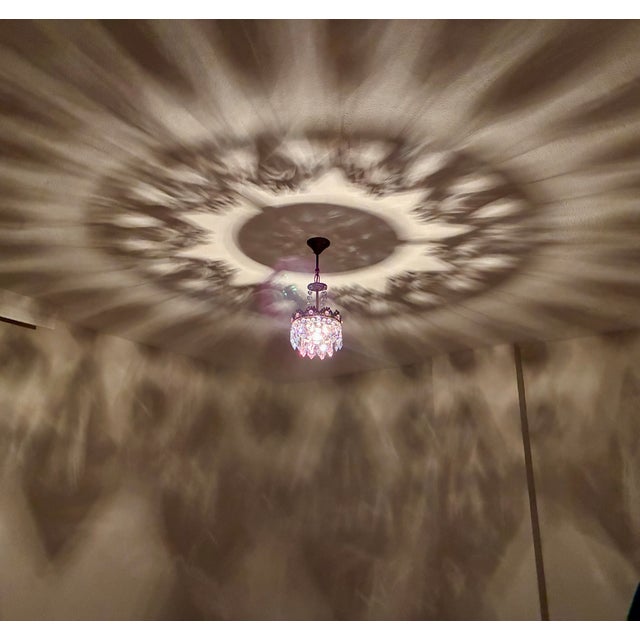 Vintage Brass Crown Chandelier With Hand-Painted Pink and Ice Blue Crystal Prisms For Sale - Image 9 of 17