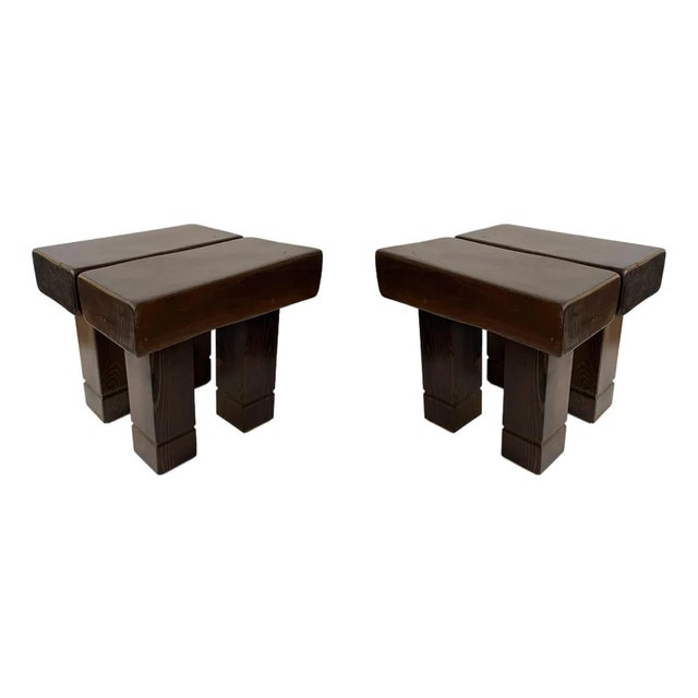 Mid-Century Modern Pair of Massive Wood Stools. Italy, 1960s For Sale