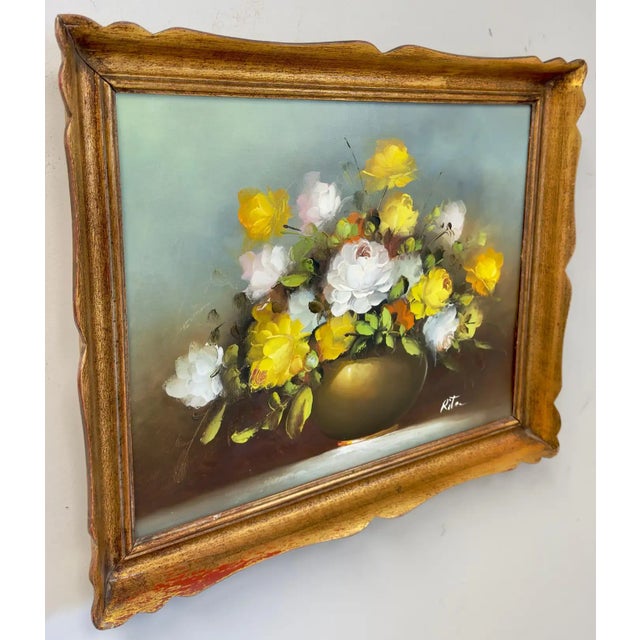 Mid-Century Modern Still Life Oil on Canvas Painting of White and Yellow Roses, Signed For Sale - Image 3 of 10