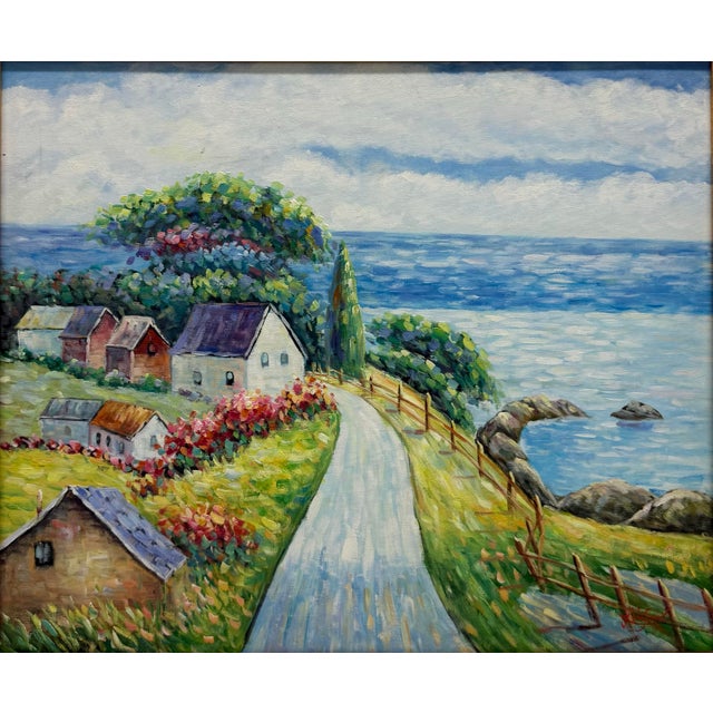 Traditional 1980s Framed Impressionist Coastal Village Landscape Painting For Sale - Image 3 of 11