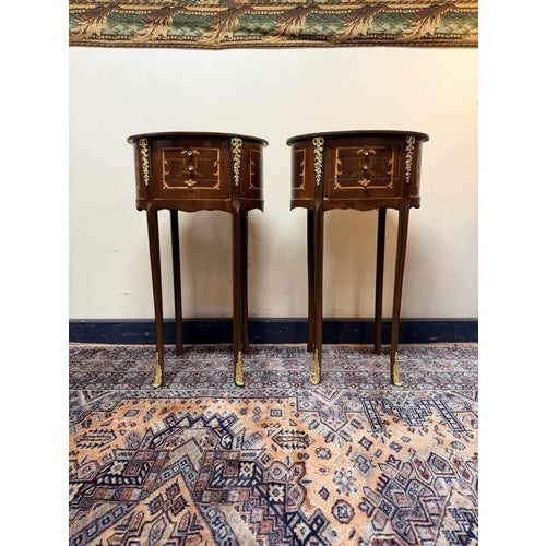 Oval Veneer Nightstands with Brass Decor, Set of 2 For Sale - Image 6 of 6