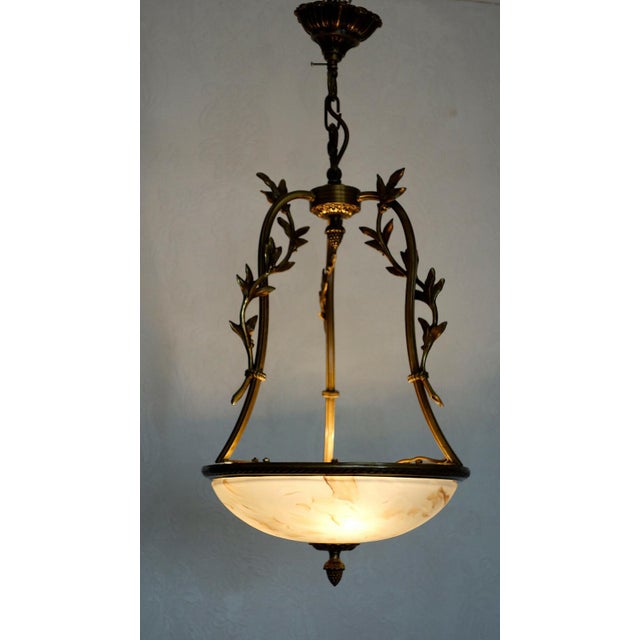 Mid-Century Modern Brass Pendant Light with Marbled Glass Shade, 1950s For Sale - Image 3 of 9