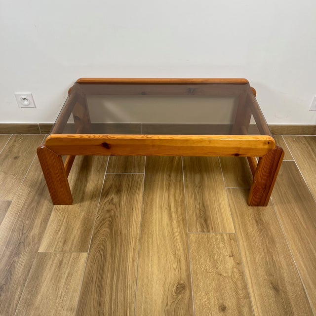 Beige Coffee Table in Pine with Smoked Glass Top, 1970s For Sale - Image 8 of 18