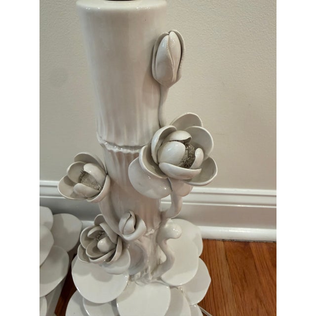 Mid 20th Century Italian Ceramic Faux Bamboo & Lotus Flower Table Lamps - A Pair For Sale - Image 11 of 17
