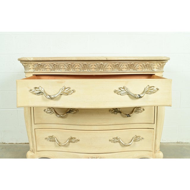 Wood Henredon French Rococo Louis XV Carved Oak and Silver Gilt Marble Top Commode or Chest of Drawers For Sale - Image 7 of 18