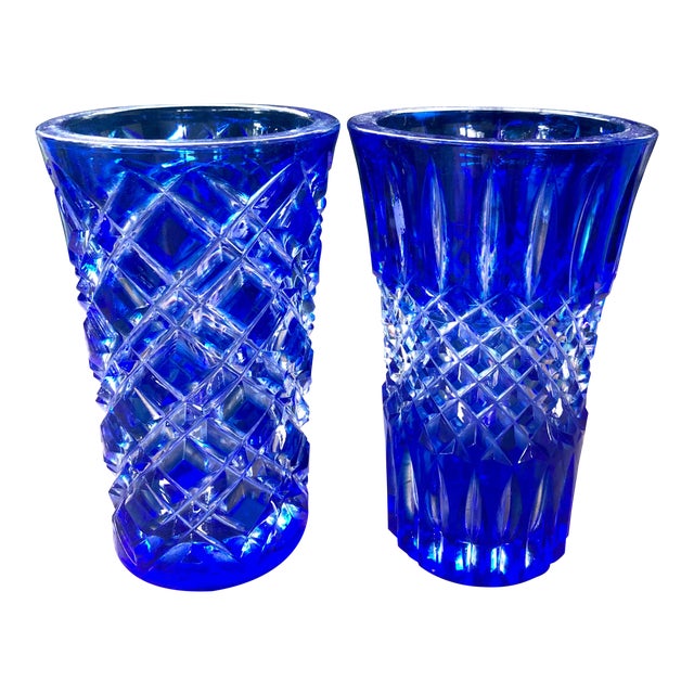 Vintage Mid Century Cobalt Blue Cut to Clear Crystal Glass Vases- a