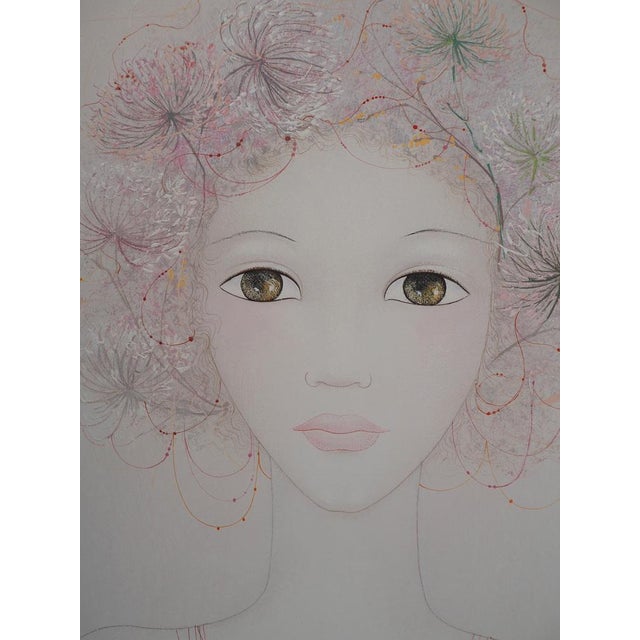 Mara Tran Long, Jeune fille en fleur, les ombellifères, 1974, Oil and Gouache on Panel For Sale - Image 4 of 9