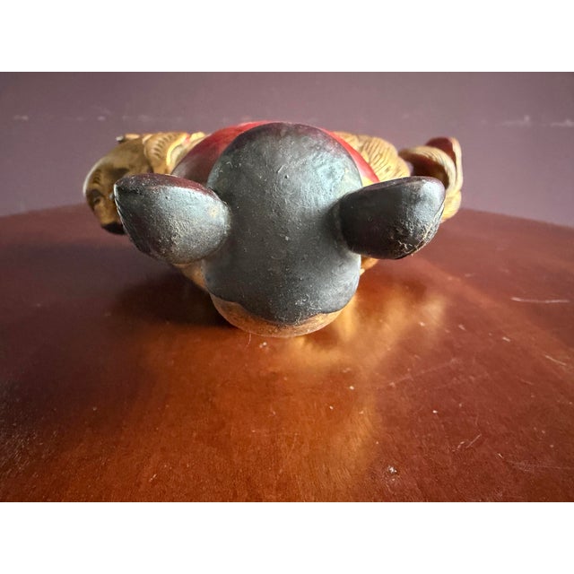 Chinese Carved Wooden Quan Yin or Ancestor Figure on Foo Dog Incense Holder. Beautiful Carving Sang De Bouef Undertones With Gold Overlay. For Sale In Chicago - Image 6 of 10