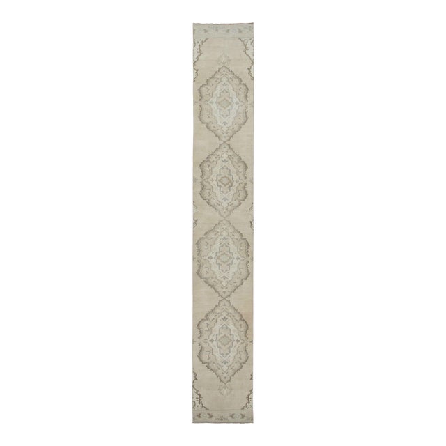 Vintage Turkish Extra-Long Runner With Ornate Medallion Set in Beige - Rug & Kilim For Sale