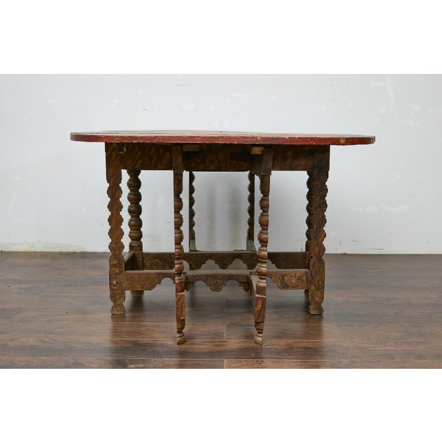 Blue 18th-Century Spanish Gateleg Table with Floral Polychrome Décor and Drop Leaves For Sale - Image 8 of 12