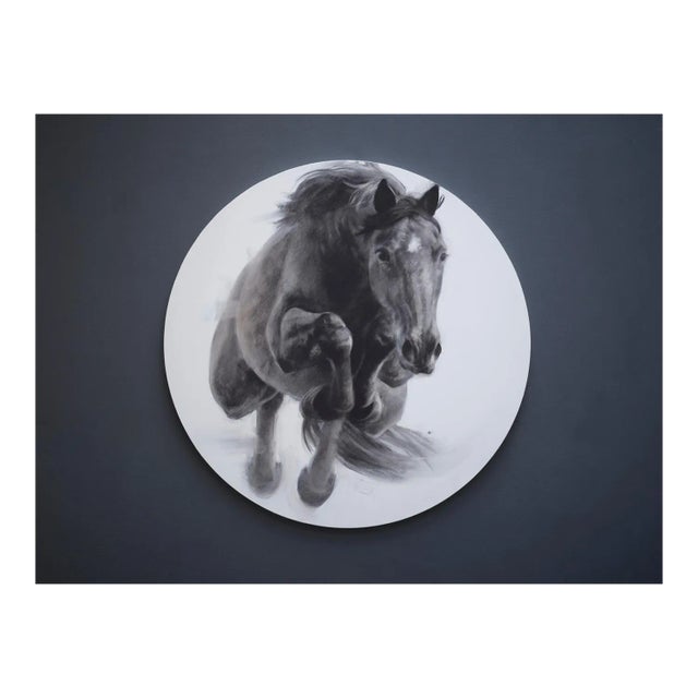 Eclipse, Jumping Horse Drawing, Charcoal, Gesso and Acrylic on Circular Board, 2019 For Sale