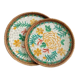 Set of Two Floral Pattern Rattan Mother-of-Pearl Inlaid Round Trays For Sale