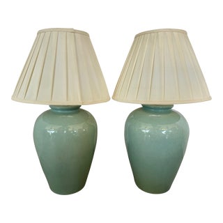 Pair of Celadon Green With Crackle Finish Ceramic Table Lamps For Sale