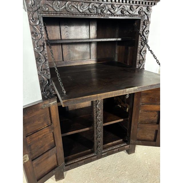Antique Baroque Oak Fall-Front Cabinet with Deep Carved Decoration, 1880 For Sale - Image 16 of 18