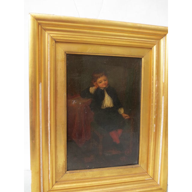 Textile Painting of a Child Late 19th Oil on Canvas For Sale - Image 7 of 8