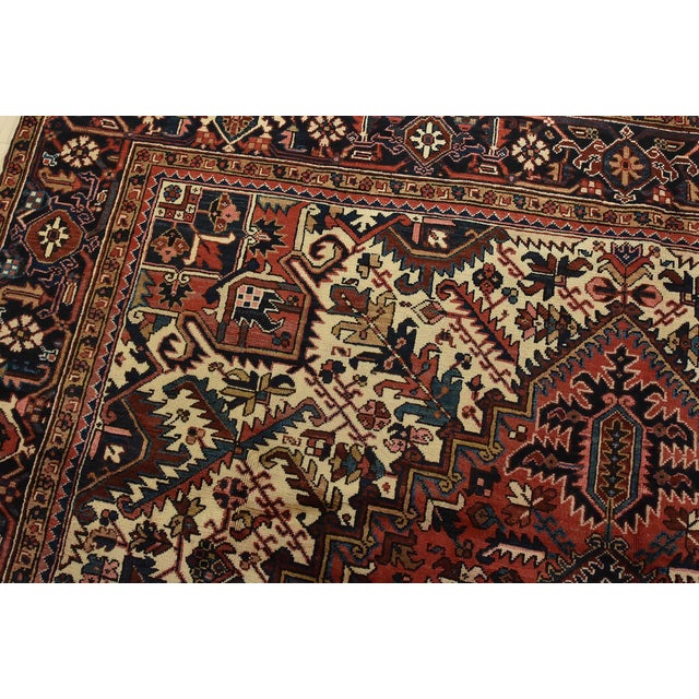 Textile Heriz Rug 9′ X 10’5” Red Wool Vintage Tribal Hand-Knotted Oriental Carpet For Sale - Image 7 of 15