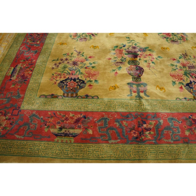 1920s 1920s Soft Yellow Field Antique Vase Floral Shou Symbols Chinese Art Deco Rug For Sale - Image 5 of 11