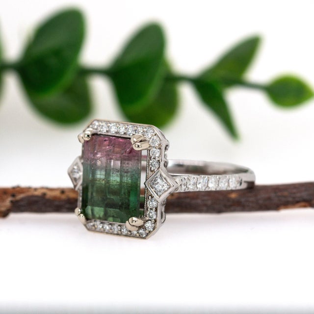 5.37Ct Watermelon Tourmaline Ring With Natural Diamonds in Solid 14k Gold, Size 6.75 For Sale - Image 4 of 7