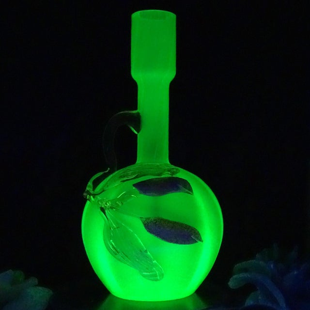 Gorgeous and very unusual, glowing uranium / vaseline art glass flower vase with applied decoration. This is not the...