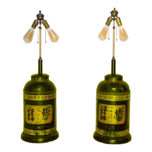 Pair of Antique Black & Gold Chinoiserie Tin Lamps