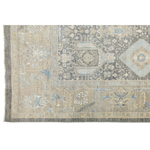 Modern Tabriz Style Wool & Silk Area Rug – Slate Grey & Sky Blue Geometric 10x14 For Sale - Image 9 of 11