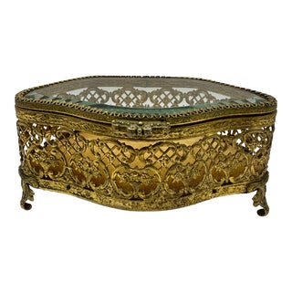 1960s Hollywood Regency Brass Gold Claw Foot Casket Filigree Jewelry Box For Sale