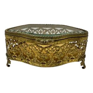 1960s Hollywood Regency Brass Gold Claw Foot Casket Filigree Jewelry Box