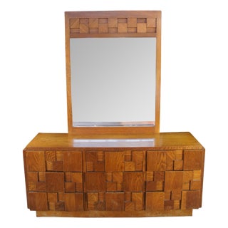 1970s Lane Staccato Mid Century Modern 9 Drawer Oak Brutalist Mirrored Dresser Lowboy For Sale