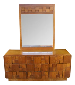 1970s Lane Staccato Mid Century Modern 9 Drawer Oak Brutalist Mirrored Dresser Lowboy