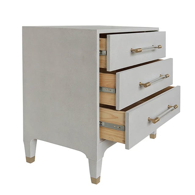 Worlds Away Matthew Izzo Home Amber Light Gray Shagreen Three Drawer Side Table With Acrylic and Antique Brass Drawer Pulls For Sale - Image 4 of 7